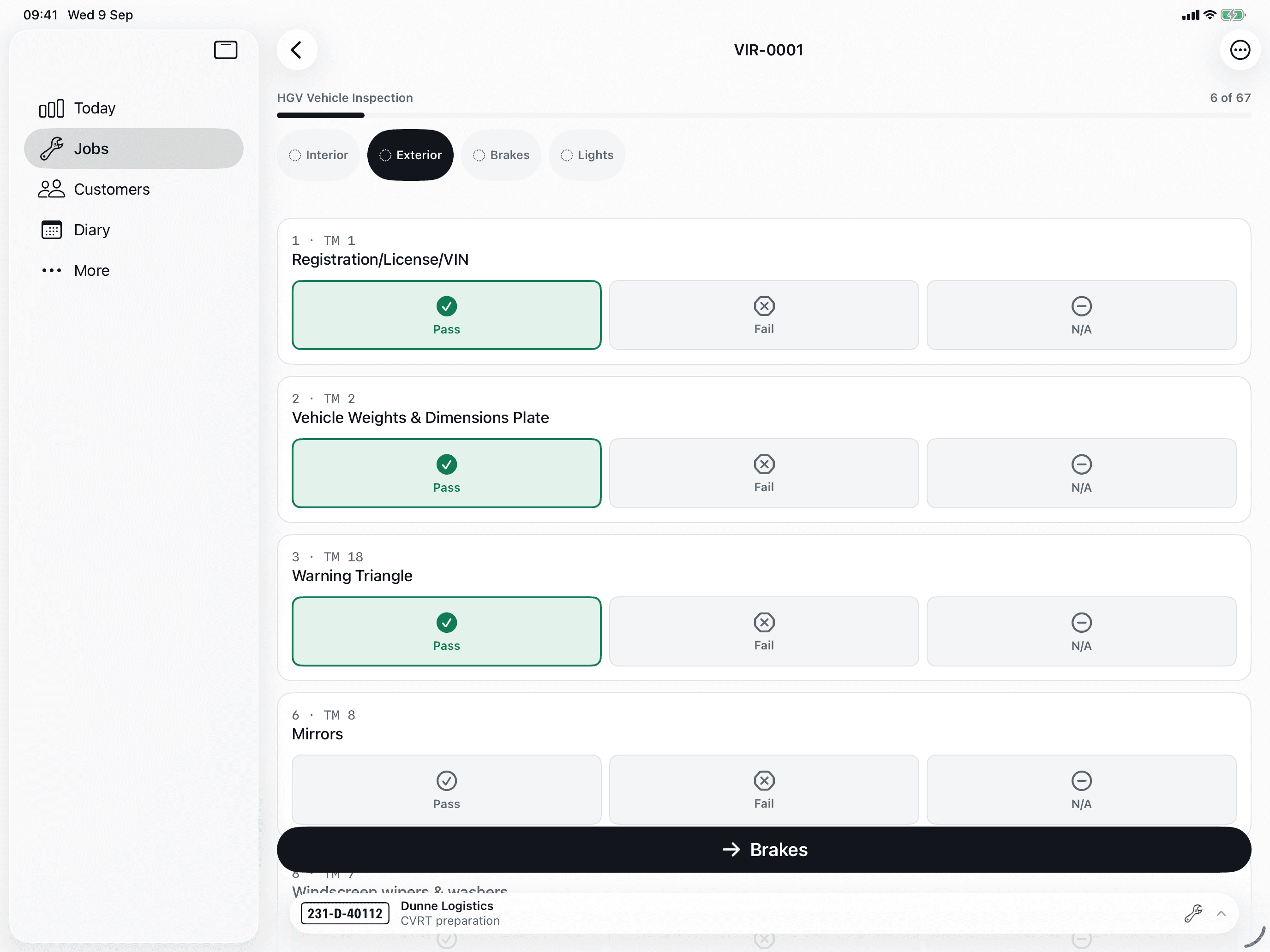 The inspection runner on iPad: a list of inspection items with large Pass and Fail targets, one item failed with a note