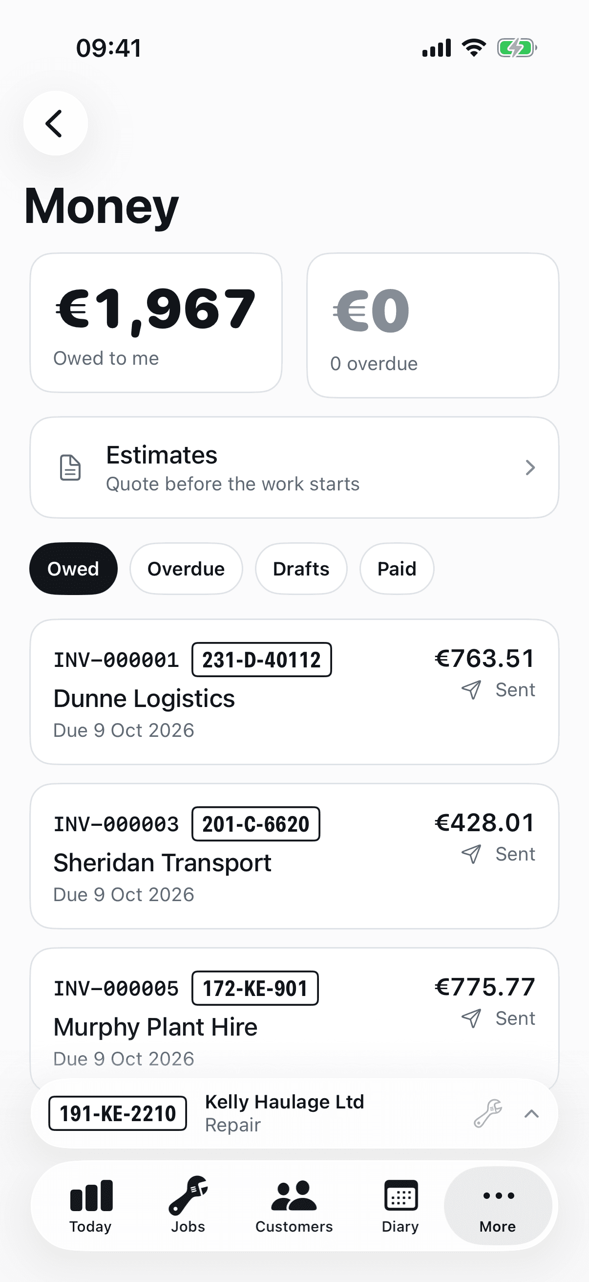 The Money screen on iPhone: what the workshop is owed, what is overdue, and every unpaid invoice
